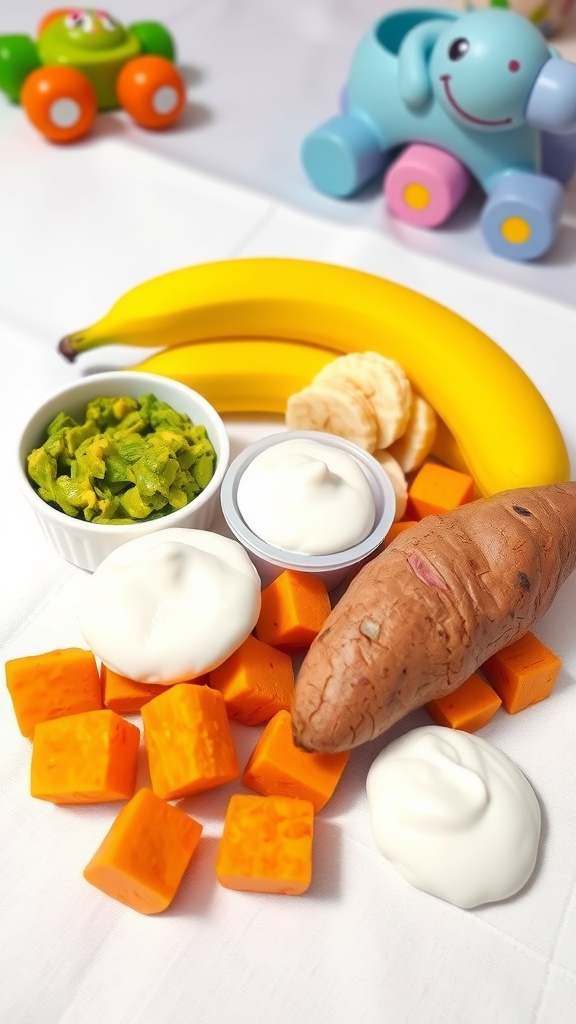 Nutritious Snacks for 8-Month-Old Babies Healthy baby snacks including mashed avocado, banana slices, sweet potato, and Greek yogurt on a white table.